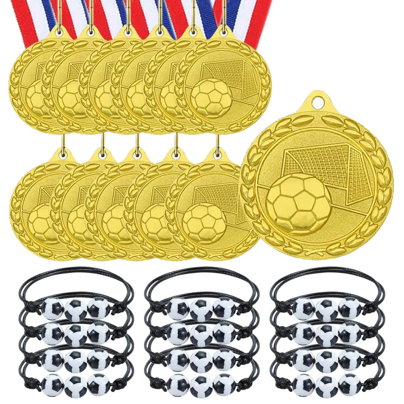 YUJUE 12 Pieces Soccer Medals 12 Pieces Soccer Bracelets Kids Soccer Medal Children Metal Medals Children Girls Birthday Gifts for Kid’s Sports Soccer Games and Soccer Party Favors